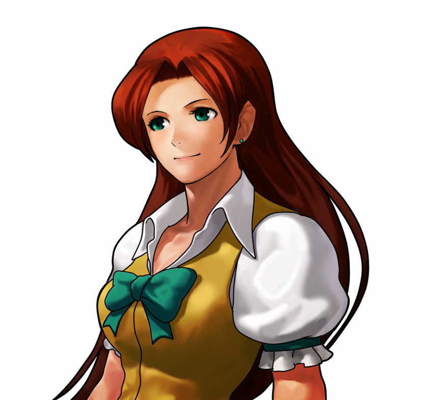 earrings green_eyes jewelry kisarah_westfield long_hair neo_geo_battle_coliseum official_art ogura_eisuke puffy_short_sleeves puffy_sleeves red_hair school_uniform short_sleeves snk solo tsuukai_gangan_koushinkyoku