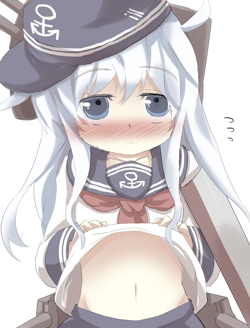 blue_eyes blush embarrassed flying_sweatdrops gaoo_(frpjx283) hat hibiki_(kantai_collection) highres kantai_collection long_hair looking_at_viewer midriff navel neckerchief school_uniform serafuku shirt_lift silver_hair skirt solo