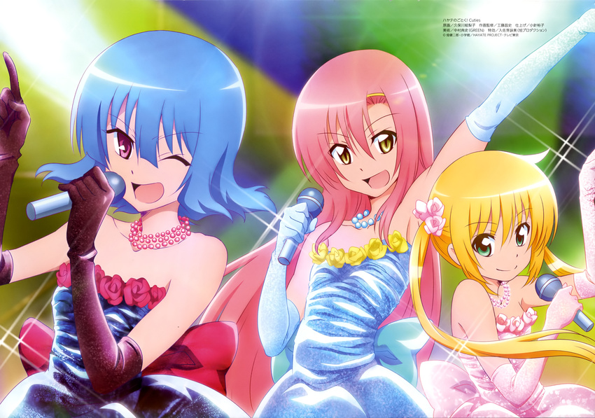 :d ;d absurdres ahoge arm_up armpits bangs bare_shoulders black_dress blonde_hair blue_dress blue_hair bow dress elbow_gloves flat_chest floating_hair flower from_side gloves green_eyes hair_between_eyes hair_flower hair_ornament hairclip hayate_no_gotoku! hayate_no_gotoku!_cuties height_difference highres idol index_finger_raised jewelry katsura_hinagiku kubokawa_eriko lights long_hair looking_at_viewer looking_back low_twintails megami megami_deluxe microphone multiple_girls music necklace non-web_source official_art one_eye_closed open_mouth pearl_necklace pink_dress pink_flower pink_hair pink_rose pose purple_eyes red_flower red_rose rose sanzen'in_nagi scan shiny shiny_clothes short_hair singing slit_pupils smile sparkle stage_lights strapless strapless_dress suirenji_ruka twintails upper_body very_long_hair yellow_eyes yellow_flower yellow_rose