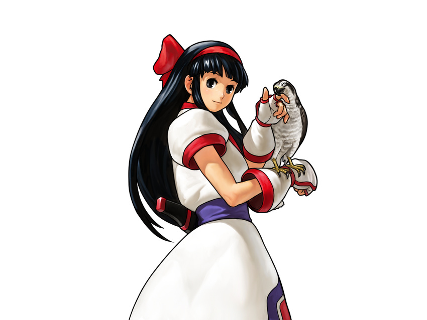 bird black_eyes black_hair bow fingerless_gloves gloves hair_bow hairband hawk long_hair mamahaha nakoruru neo_geo_battle_coliseum official_art ogura_eisuke petting red_bow samurai_spirits sash scabbard sheath short_sword smile snk solo sword weapon white_background