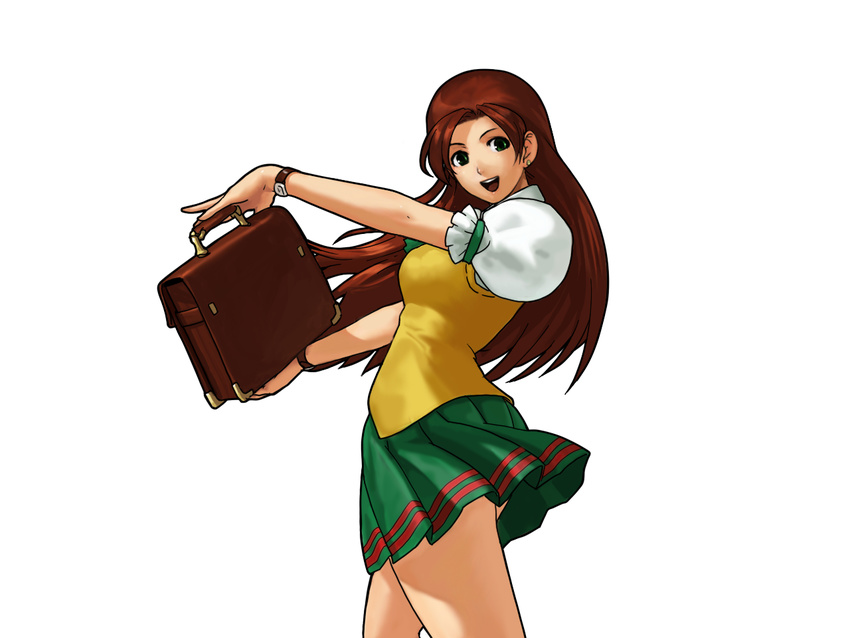 bag earrings green_eyes jewelry kisarah_westfield long_hair neo_geo_battle_coliseum official_art ogura_eisuke pleated_skirt puffy_short_sleeves puffy_sleeves red_hair school_bag school_uniform short_sleeves skirt smile snk solo tsuukai_gangan_koushinkyoku watch wristwatch