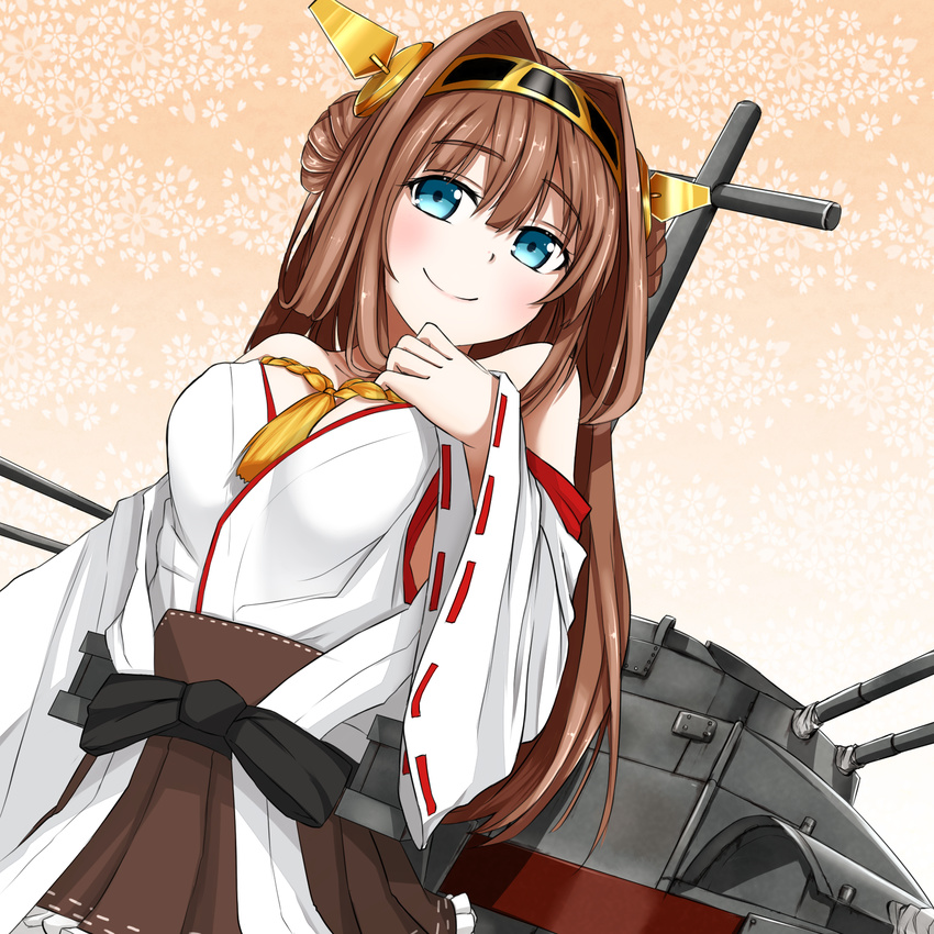 bad_id bad_pixiv_id detached_sleeves double_bun hair_intakes hair_ornament hairband headgear highres japanese_clothes kantai_collection kongou_(kantai_collection) long_hair long_sleeves ribbon-trimmed_sleeves ribbon_trim smile solo suto_(iamsuto) wide_sleeves