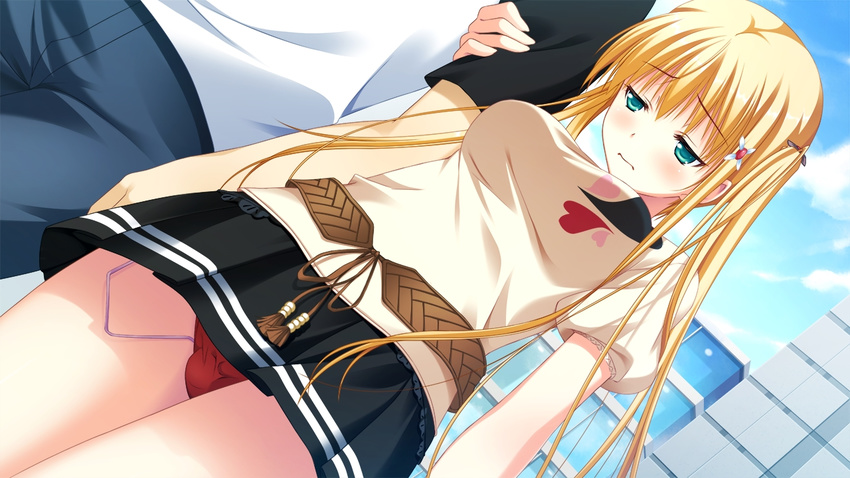 1girl blonde_hair discreet_vibrator game_cg green_eyes kagami_inori narumi_suzune panties tojita_sekai_no_tori_colony twintails underwear vibrator