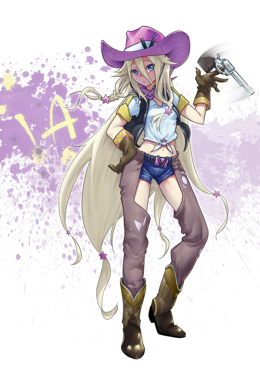 :o belt boots braid chaps cowboy_boots cowboy_hat front-tie_top gun gun_twirling handgun hat highres ia_(vocaloid) long_hair midriff motion_blur navel revolver sean_kao shirt short_shorts shorts solo tied_shirt very_long_hair vocaloid weapon western