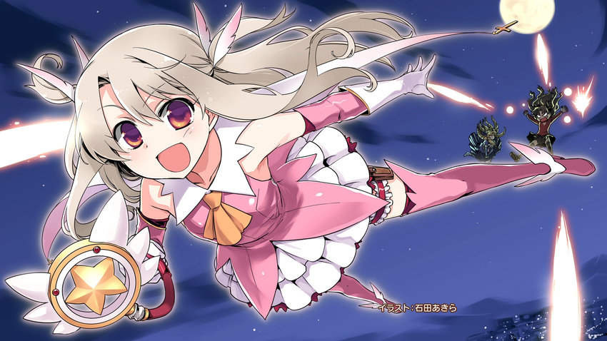 ankle_wings boots chibi chibi_inset cross detached_sleeves falling fate/kaleid_liner_prisma_illya fate_(series) feathers flying full_moon gloves hair_feathers highres illyasviel_von_einzbern ishida_akira long_hair luviagelita_edelfelt magical_girl magical_ruby moon multiple_girls official_art open_mouth pink_footwear pink_legwear prisma_illya red_eyes solo_focus thigh_boots thighhighs toosaka_rin wallpaper wand white_gloves zettai_ryouiki