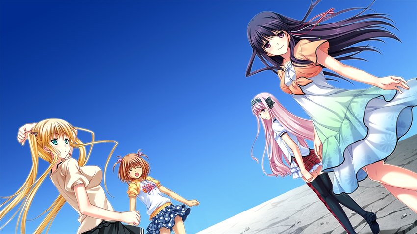 4girls arihara_nodoka blonde_hair brown_hair eyes_closed game_cg kagami_inori kamikihara_motofumi miyamori_korone multiple_girls narumi_suzune pink_hair purple_hair shijo_yuki tojita_sekai_no_tori_colony