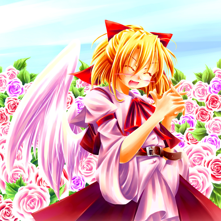 aishuu_karasutengu blonde_hair bow flower gengetsu highres red_bow touhou touhou_(pc-98) wings