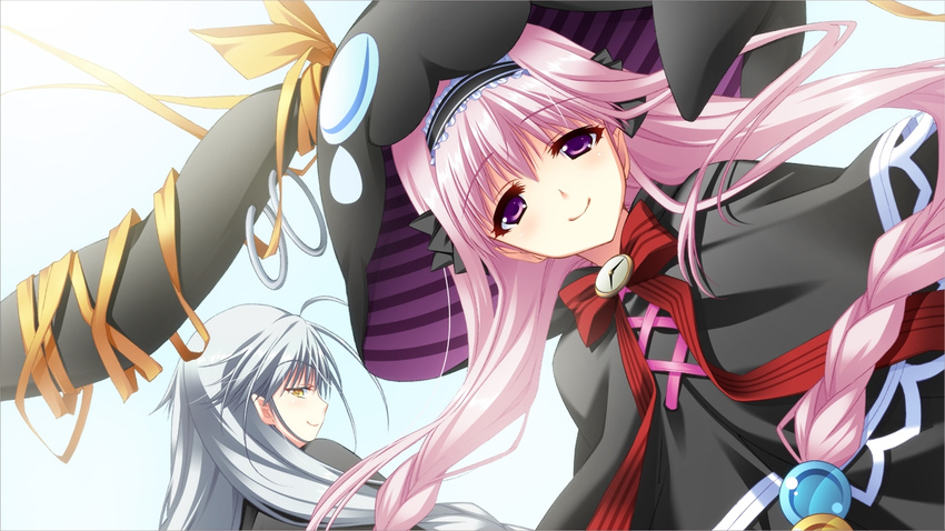 2girls character_request game_cg grey_hair miyamori_korone multiple_girls narumi_suzune pink_hair purple_hair small_breasts tojita_sekai_no_tori_colony yellow_eyes