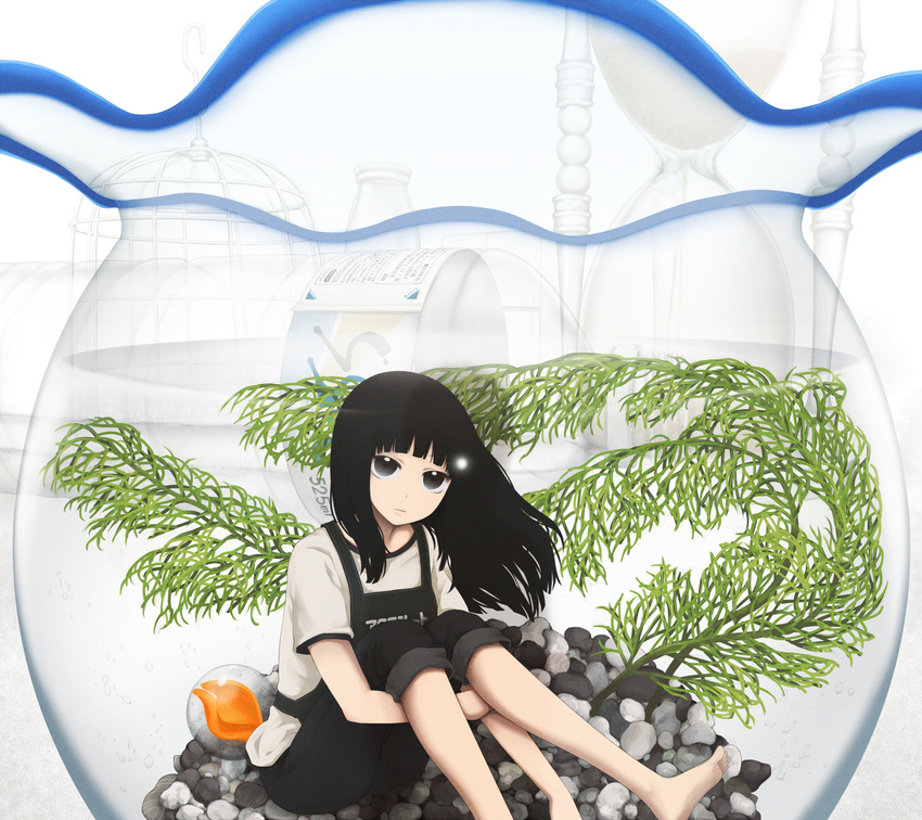 barefoot birdcage black_eyes black_hair bottle cage commentary fishbowl highres hourglass in_container leg_hug long_hair looking_at_viewer marble original pebble sitting solo water_bottle yajirushi_(chanoma)