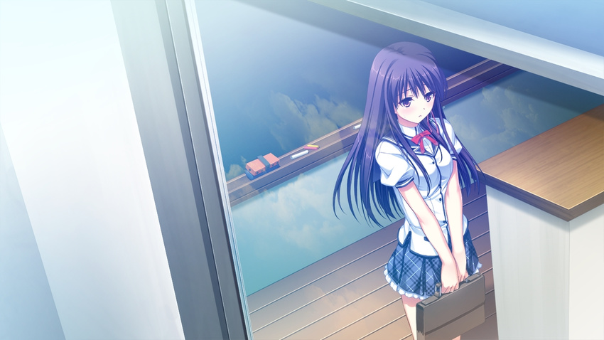 1girl arihara_nodoka game_cg narumi_suzune purple_eyes purple_hair school_uniform tojita_sekai_no_tori_colony uniform