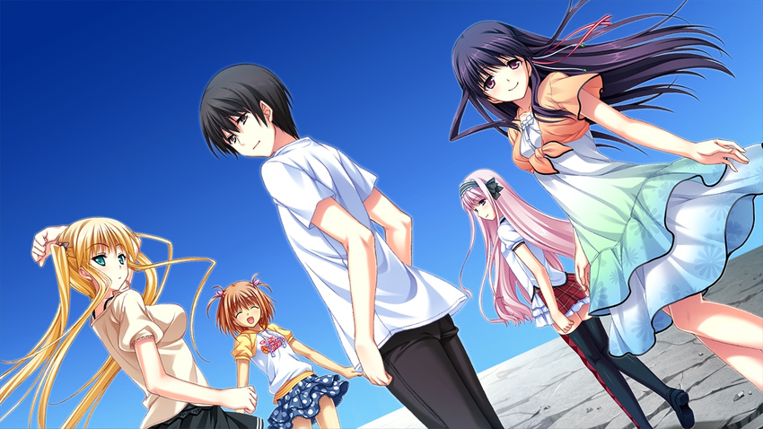 1boy 4girls arihara_nodoka blonde_hair brown_hair eyes_closed game_cg kagami_inori kamikihara_motofumi miyamori_korone multiple_girls narumi_suzune pink_hair purple_hair shijo_yuki tojita_sekai_no_tori_colony