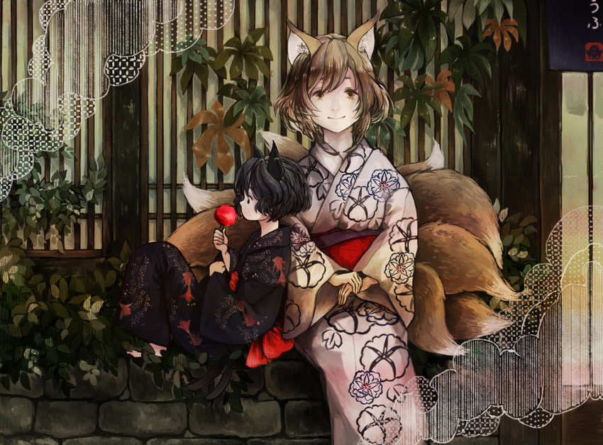 alternate_costume alternate_hair_color animal_ears black_hair blonde_hair brown_eyes candy_apple cat_ears cat_tail chen commentary_request floral_print food fox_ears fox_tail japanese_clothes kimono kyuubi leaning_on_person long_sleeves mask mi-so multiple_girls multiple_tails nekomata obi sash sitting smile tail touhou wide_sleeves yakumo_ran yukata