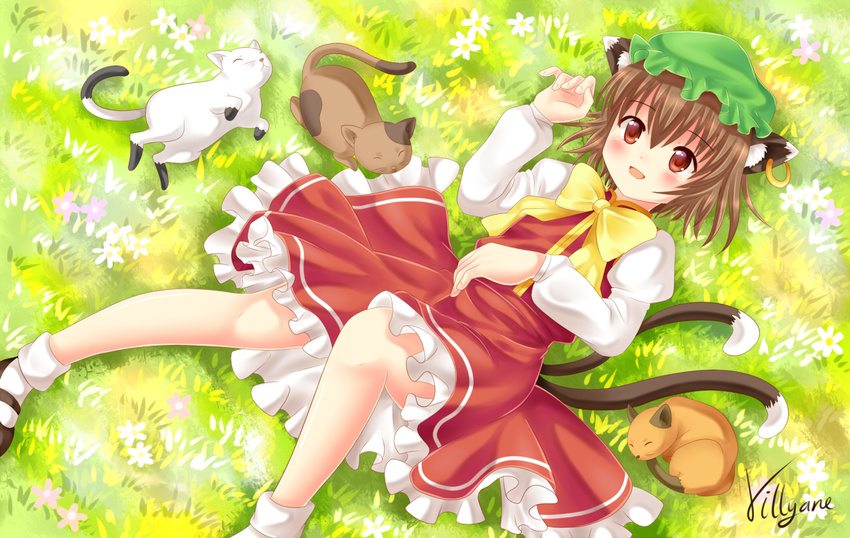 :d animal_ears artist_name brown_eyes brown_hair cat cat_ears cat_tail chen grass hat looking_at_viewer lying mary_janes mob_cap multiple_tails nekomata open_mouth shoes signature smile socks tail touhou villyane white_legwear