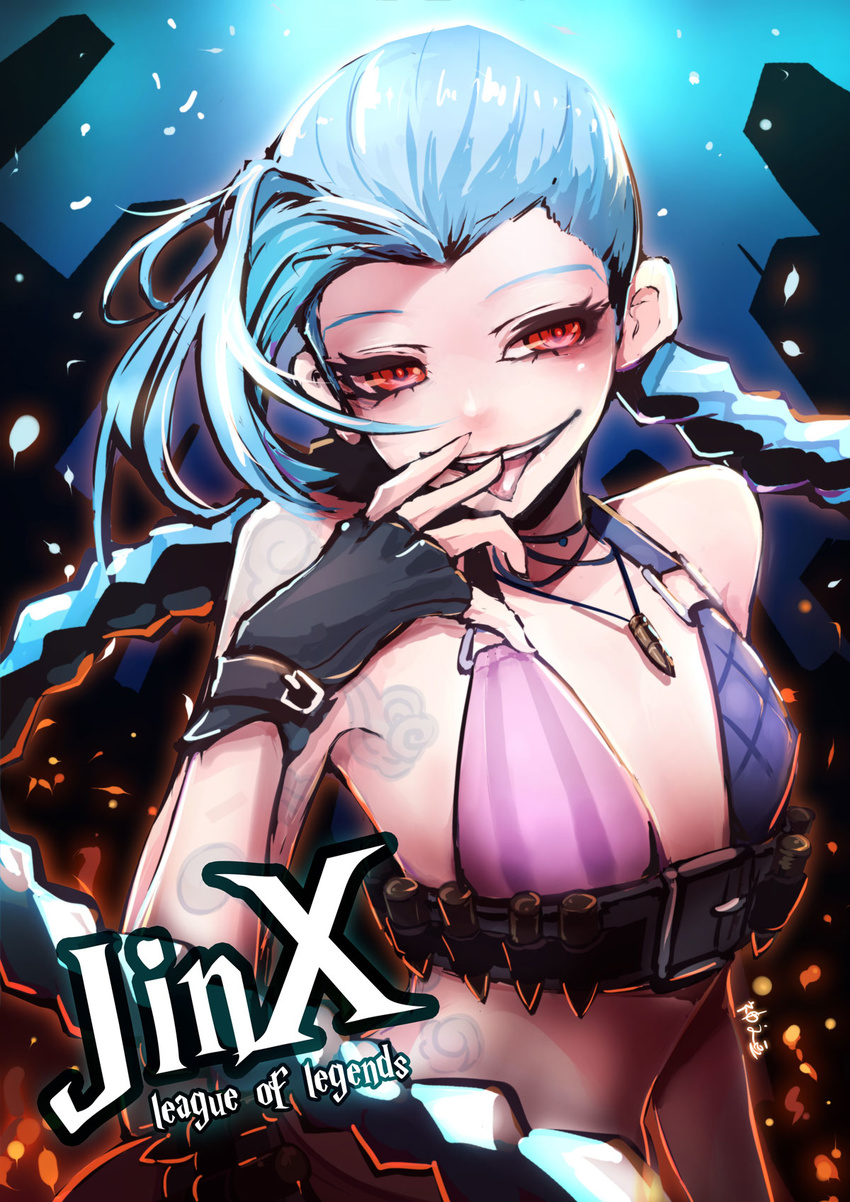 bare_shoulders beancurd belt blue_hair braid building bullet bullet_necklace character_name fingerless_gloves flat_chest gloves highres jewelry jinx_(league_of_legends) league_of_legends long_hair looking_at_viewer midriff necklace red_eyes smile solo tattoo tongue twin_braids