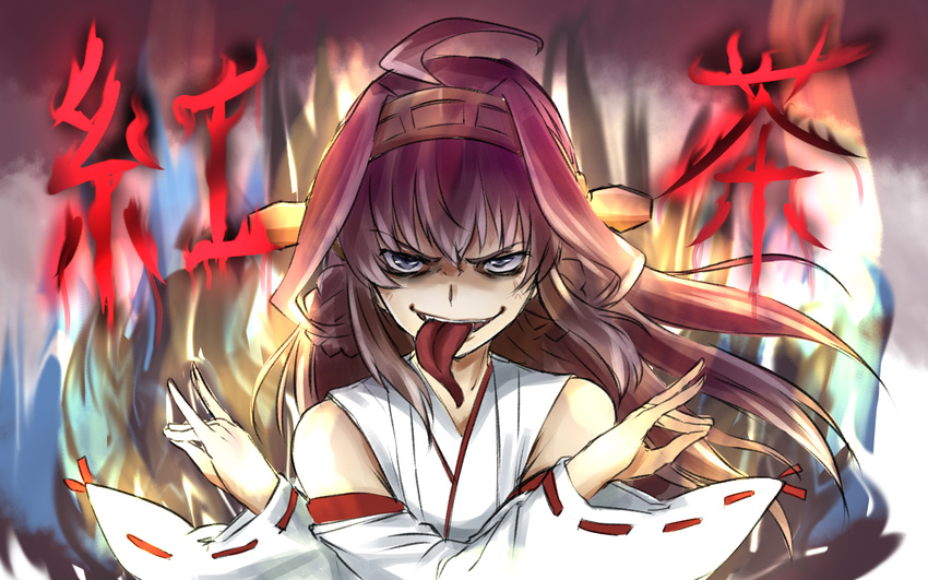 ahoge anger_vein bare_shoulders brown_hair crossed_arms detached_sleeves double_bun fox_shadow_puppet hair_ornament hairband headgear ishii_hisao japanese_clothes kantai_collection kongou_(kantai_collection) long_hair long_tongue looking_at_viewer nontraditional_miko solo tongue tongue_out translated wide_sleeves