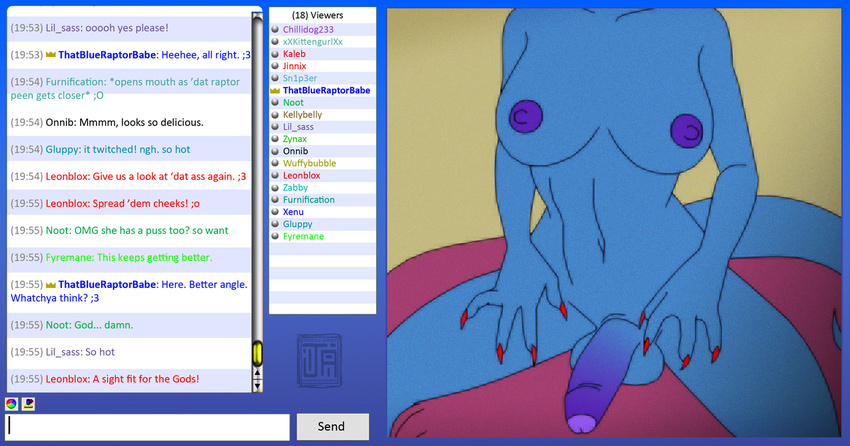 big_breasts blue_skin breasts butt chat_box chatroom claws deinonychus devona_rhea dickgirl dinosaur english_text female herm intersex jessica_anner penis presenting presenting_penis scalie solo text uncut webcam