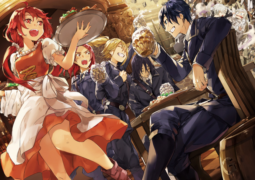 3girls 4boys :d alcohol apron barrel beard beatrice_waltrud_von_kircheisen beer beer_mug black_hair blonde_hair blue_hair chair dies_irae dish eleonore_von_wittenburg eyes_closed facial_hair fighting frills g_yuusuke goetz_von_berlichingen grin happy legs_crossed long_hair looking_at_another lotus_reichhart military military_uniform multiple_boys multiple_girls necktie open_mouth ponytail red_hair rusalka_schwagerin sitting smile table tray uniform upper_teeth white_hair wilhelm_ehrenburg wolfgang_schreiber