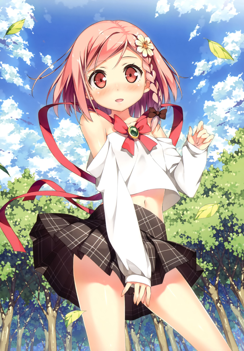 :o absurdres black_skirt blue_sky blush braid cloud day eyebrows_visible_through_hair flower forest gem hair_flower hair_ornament highres jewelry kantoku looking_at_viewer midriff nature navel nose_blush off_shoulder open_mouth outdoors pendant pink_eyes pink_hair plaid plaid_skirt plant school_uniform skirt sky standing tree wind wind_lift your_diary yua_(your_diary)