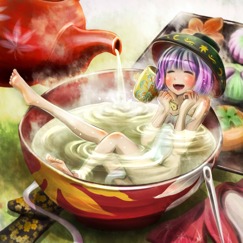 :d ^_^ barefoot bathing blush bowl bowl_hat closed_eyes clothes_removed cup feet hammer hat highres in_bowl in_container kouji_oota minigirl needle nude open_mouth purple_hair smile solo steam sukuna_shinmyoumaru teacup teapot touhou towel