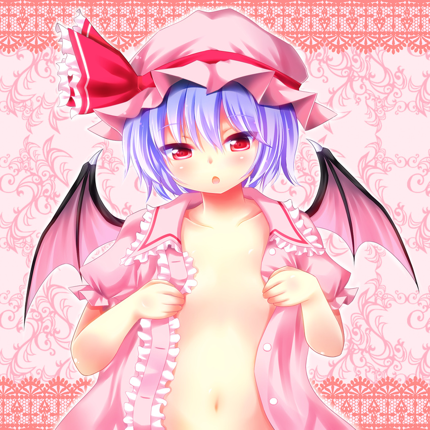 :o bat_wings blue_hair blush flat_chest hat hat_ribbon highres navel open_clothes open_mouth open_shirt red_eyes remilia_scarlet rena_(riries) ribbon shirt short_hair solo touhou upper_body wings
