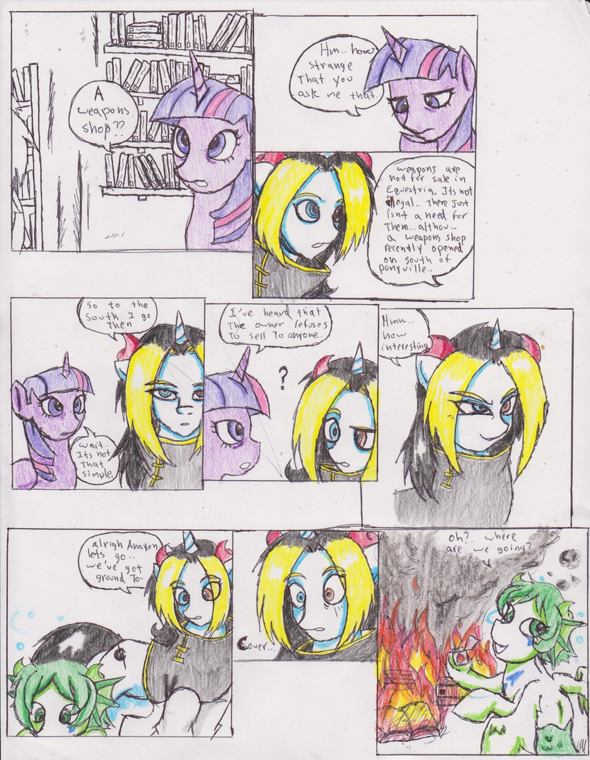 black_hair blue_eye chaostone clothing comic cutie_mark dialog door english_text equine female feral fire fish fish_pony flames friendship_is_magic frown fur green_fur green_hair group hair horn horse hybrid inside lighter long_hair looking_at_viewer looking_back male mammal marine multi-colored_hair my_little_pony open_mouth pony purple_eyes purple_fur purple_hair shirt shocked smile smoke text twilight_sparkle_(mlp) unicorn winged_unicorn wings