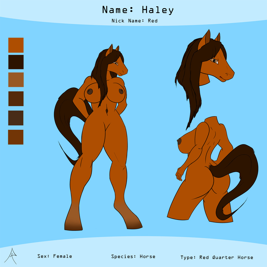 anthro big_breasts bipedal blue_background breasts brown_hair brown_nipples brown_skin collaboration color_swatch equine female hair haley_red horse majikplant420 mammal model_sheet plain_background red_quarter_horse risenangel standing tan_eyes xrisenangelx