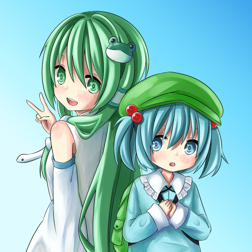 back-to-back backpack bag blue_background blue_eyes blue_hair blush_stickers detached_sleeves dress frog_hair_ornament gradient gradient_background green_eyes green_hair hair_bobbles hair_ornament hair_tubes hands_on_own_chest hands_together hat highres kawashiro_nitori kochiya_sanae long_hair long_sleeves looking_at_viewer looking_back multiple_girls open_mouth sabutarein short_hair simple_background snake_hair_ornament touhou two_side_up v