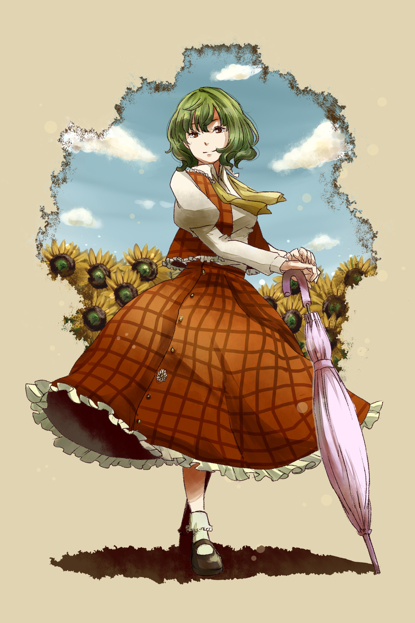 blue_sky closed_umbrella cloud field flower flower_field green_hair highres juliet_sleeves kazami_yuuka long_sleeves looking_at_viewer meso open_clothes open_vest puffy_sleeves red_eyes ribbon shirt skirt skirt_set sky solo sunflower touhou umbrella vest