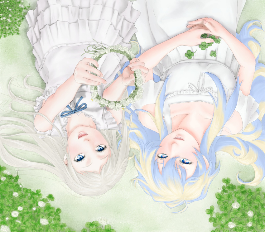 2girls ano_hi_mita_hana_no_namae_wo_bokutachi_wa_mada_shiranai. clover clover_(flower) crossover dress flower four-leaf_clover from_above highres honma_meiko long_hair lying multicolored_hair multiple_girls nia_teppelin poromeria_(1111145) ribbon smile symbol-shaped_pupils tengen_toppa_gurren_lagann two-tone_hair upside-down white_dress white_hair