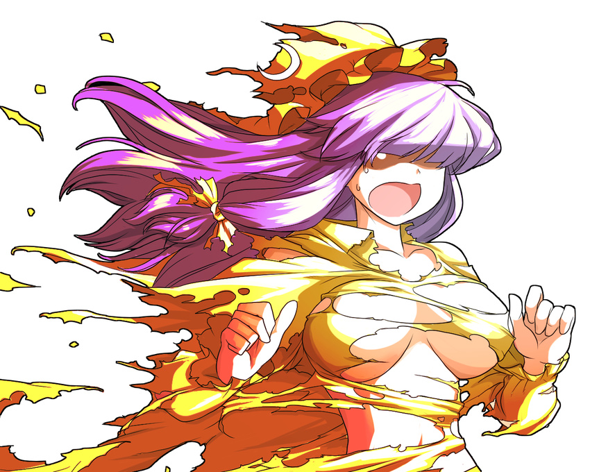 breasts crescent dress exploding_clothes hat large_breasts long_hair mono_(moiky) open_mouth patchouli_knowledge purple_hair solo torn_clothes touhou transparent_background upper_body