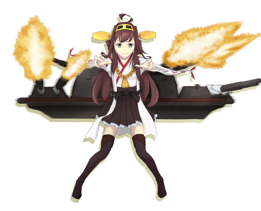 bare_shoulders black_legwear boots brown_hair detached_sleeves double_bun firing hair_ornament hairband headgear highres japanese_clothes kantai_collection kongou_(kantai_collection) long_hair miko ogap1138 skirt smile solo thigh_boots thighhighs white_background wide_sleeves zettai_ryouiki