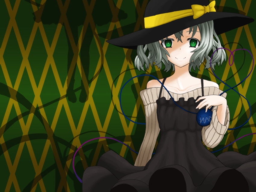 alternate_costume contemporary dress eyeball green_eyes green_hair hat hat_ribbon heart heart_of_string komeiji_koishi ribbed_shirt ribbon shirt short_hair silhouette smile solo sourouhoukeisotin third_eye touhou