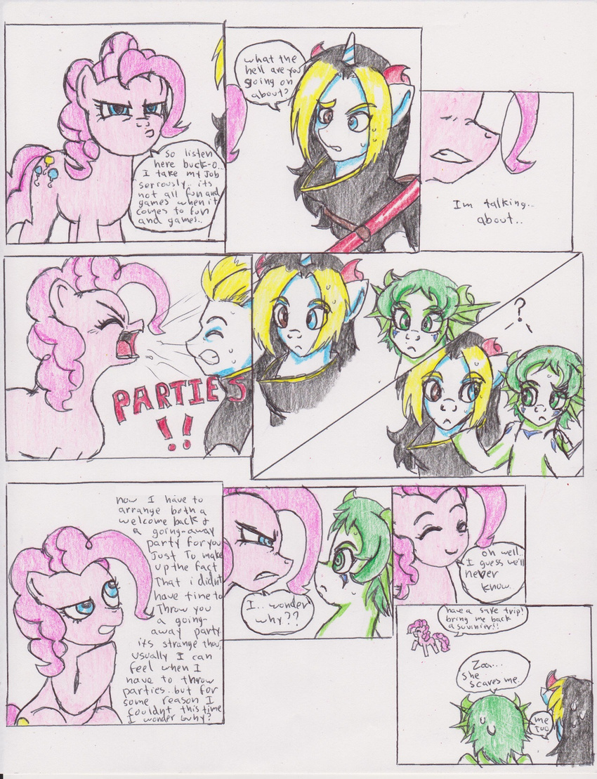 bag black_hair blue_eye blue_eyes chaostone clothing comic cutie_mark dialog english_text equine eyes_closed female feral friendship_is_magic frown fur hair horn horse long_hair looking_at_viewer male mammal my_little_pony open_mouth pink_fur pink_hair pinkie_pie_(mlp) plain_background pony smile sword teeth text tongue unicorn weapon wings yelling