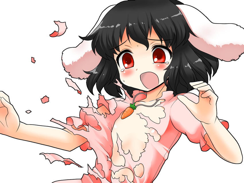 animal_ears black_hair blush bunny_ears carrot carrot_necklace dress exploding_clothes flat_chest inaba_tewi jewelry mono_(moiky) necklace open_mouth pendant red_eyes short_hair solo tears torn_clothes touhou transparent_background upper_body