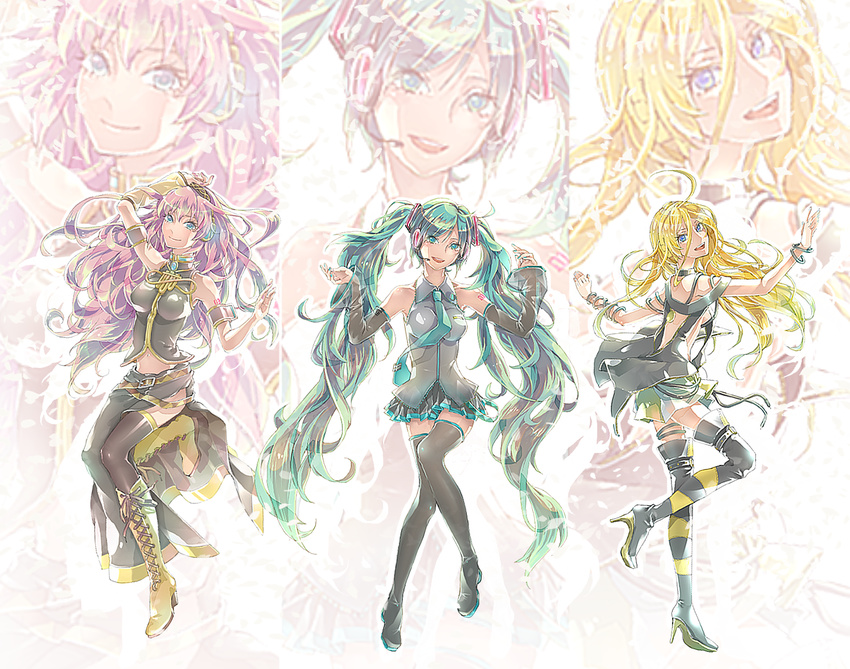 ahoge arm_up blonde_hair blue_eyes boots bracelet cross-laced_footwear detached_sleeves ena1215 green_eyes green_hair hatsune_miku headset high_heels jewelry lace-up_boots lily_(vocaloid) long_hair megurine_luka multiple_girls navel necktie pink_hair skirt thigh_boots thighhighs twintails very_long_hair vocaloid zoom_layer