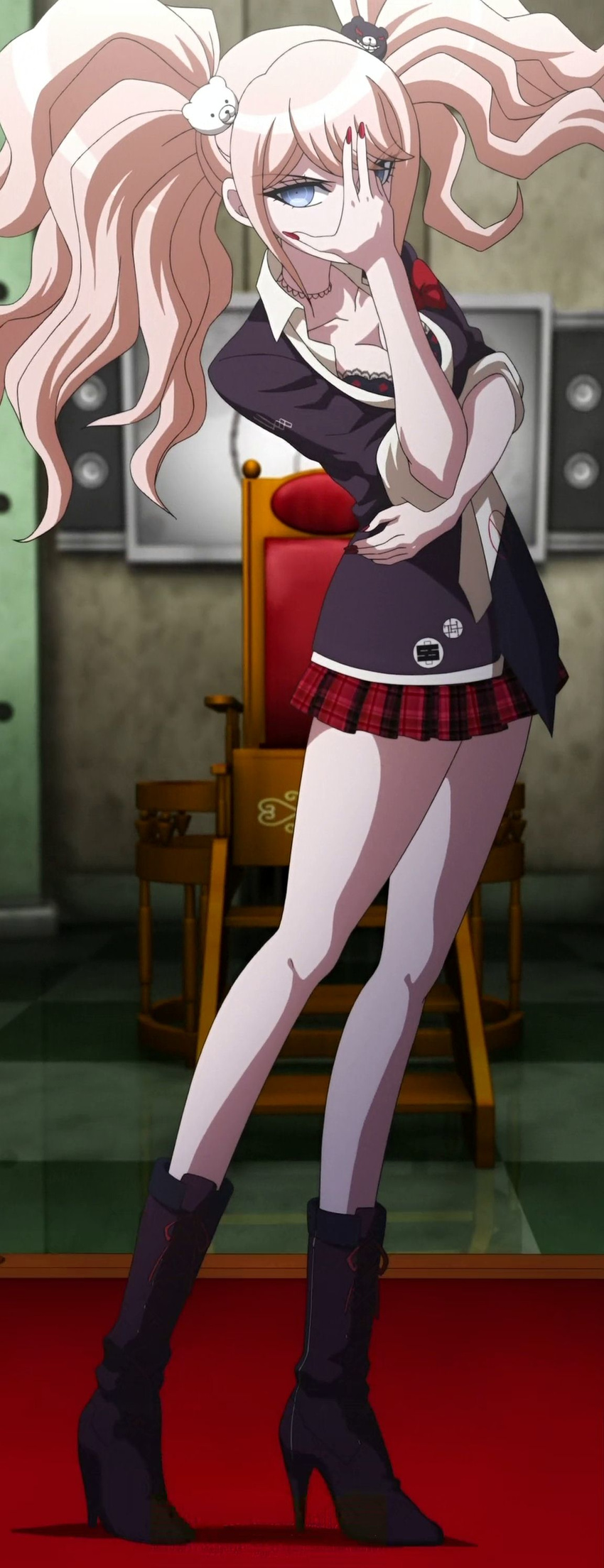 absurdres aqua_eyes boots covering_face danganronpa danganronpa_1 enoshima_junko highres legs long_legs pink_hair pleated_skirt school_uniform screencap skirt sleeves_rolled_up solo spoilers thighs twintails