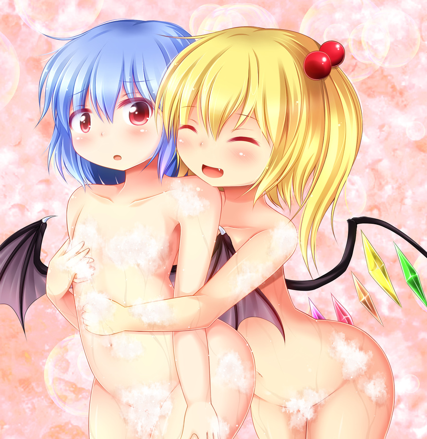 bat_wings blonde_hair blue_hair blush censored convenient_censoring fang flandre_scarlet flat_chest hair_bobbles hair_ornament highres hug hug_from_behind multiple_girls navel nude open_mouth red_eyes remilia_scarlet rena_(riries) short_hair siblings side_ponytail sisters soap soap_bubbles soap_censor touhou wings