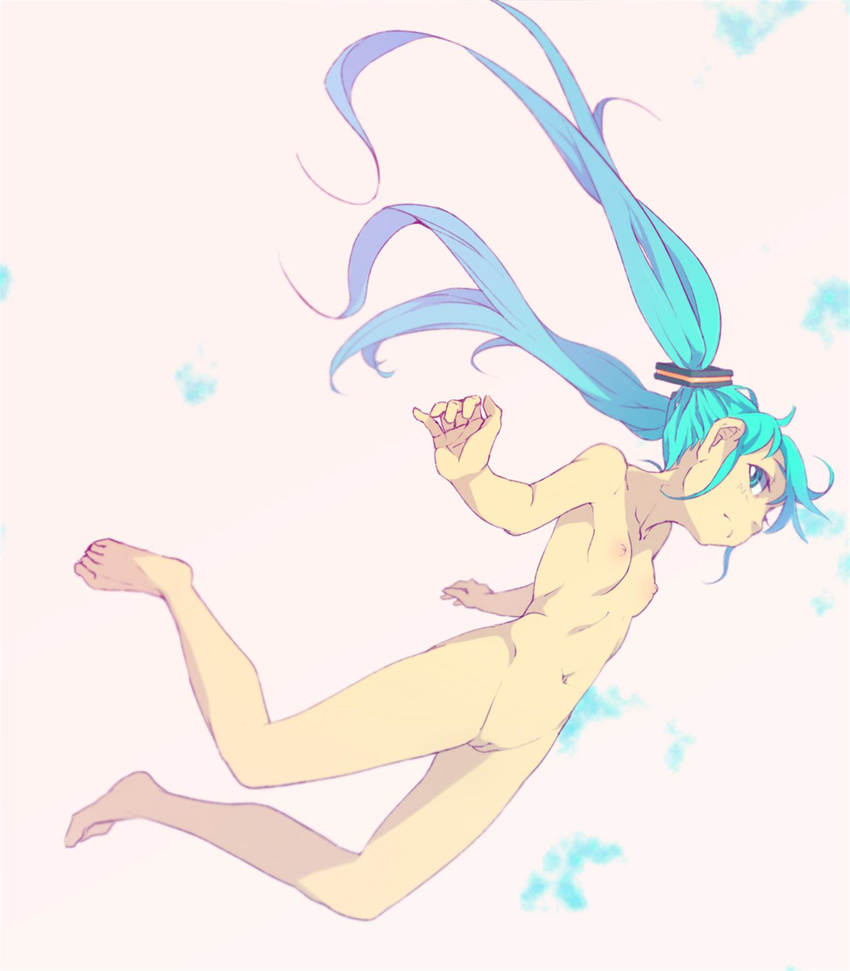 bad_id bad_pixiv_id barefoot breasts falling hatsune_miku hayyan highres long_hair navel nipples nude pussy small_breasts solo uncensored vocaloid