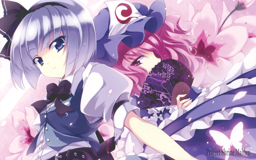 cherry_blossoms fan hairband highres konpaku_youmu multiple_girls pink_hair puffy_short_sleeves puffy_sleeves ribbon saigyouji_yuyuko saigyouji_yuyuko's_fan_design short_sleeves silver_hair touhou touya_(the-moon) triangular_headpiece