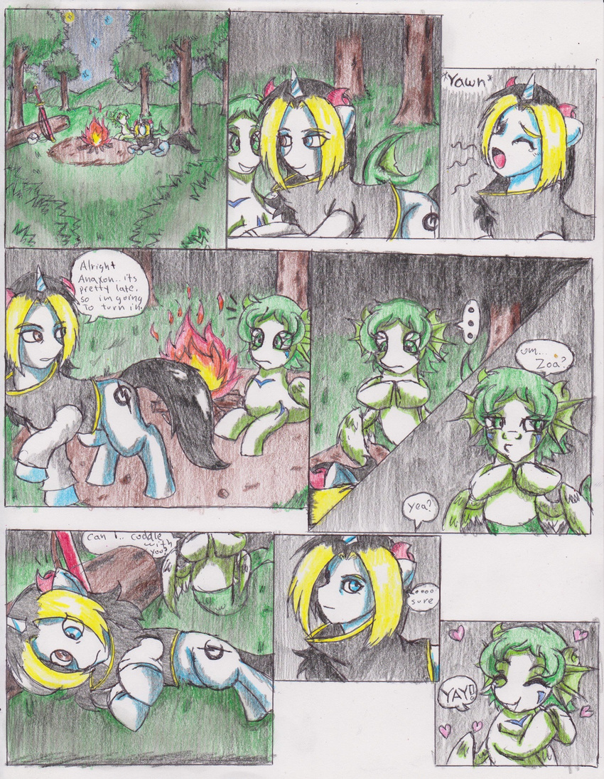 bushes chaostone comic cutie_mark dialog duo english_text equine female feral fire fish_tail forest friendship_is_magic fur grass green_eyes green_hair hair horn horse long_hair looking_back lying male mammal my_little_pony night on_side open_mouth outside pony sky smile standing stars sword teeth text tongue tree unicorn weapon wings wood
