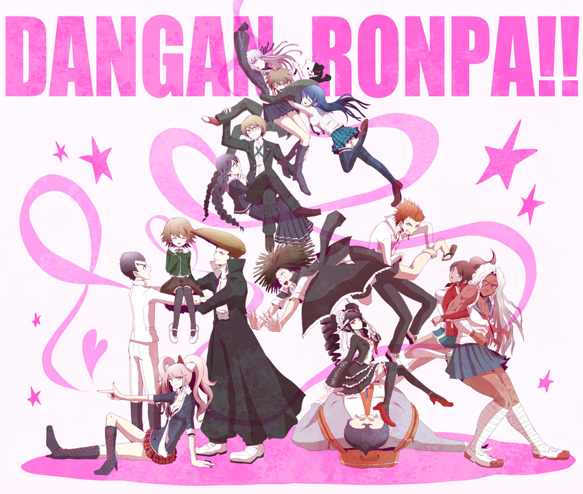 6+girls androgynous aqua_eyes asahina_aoi backpack bag black_hair blonde_hair blue_eyes blue_hair braid breasts brown_hair celestia_ludenberck cleavage closed_eyes coat collarbone copyright_name cross-laced_footwear danganronpa danganronpa_1 drill_hair enoshima_junko frills fujisaki_chihiro fukawa_touko glasses gloves green_eyes hagakure_yasuhiro hair_ornament hairband hairclip hairlocs heart highres hug hug_from_behind ishimaru_kiyotaka kirigiri_kyouko kuwata_reon lolita_fashion lolita_hairband long_hair maizono_sayaka medium_breasts monokuma multiple_boys multiple_girls muscle muscular_female naegi_makoto necktie numahito one_eye_closed oogami_sakura oowada_mondo open_mouth orange_hair otoko_no_ko pink_eyes pink_hair pleated_skirt ponytail red_eyes sailor short_shorts shorts side_braid silver_hair single_braid sitting sitting_on_person skirt sleeves_rolled_up star sweatdrop togami_byakuya twin_braids twintails very_long_hair yamada_hifumi