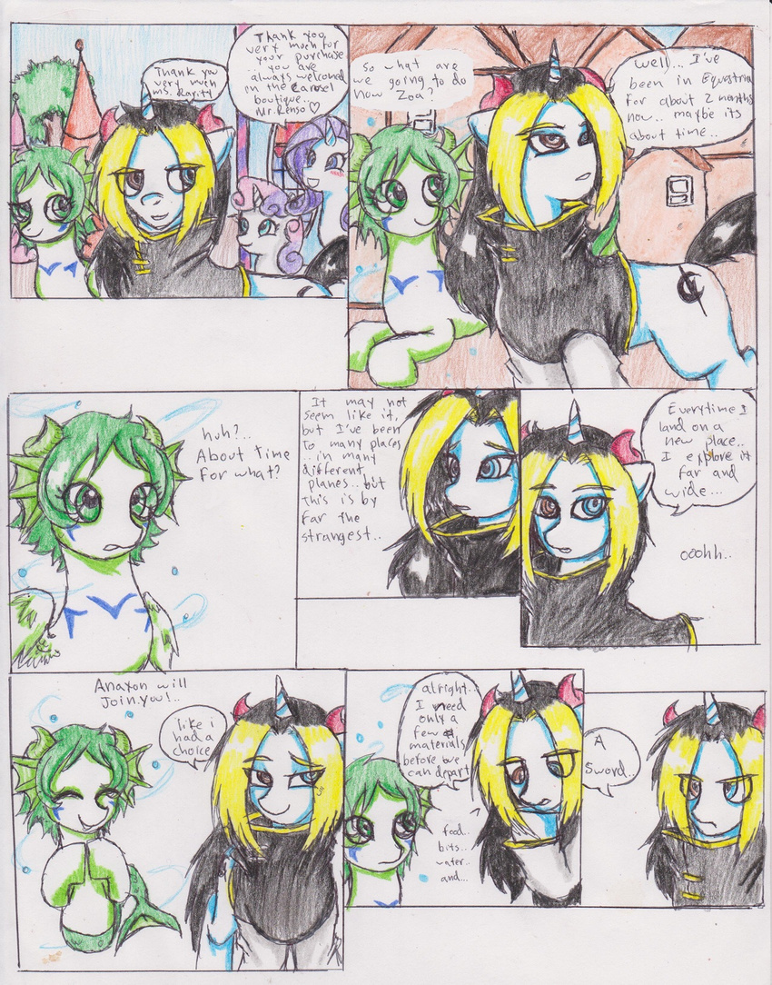 blue_eye blue_eyes chaostone clothing comic cub cutie_mark dialog english_text equine eyes_closed eyeshadow female feral fish fish_pony friendship_is_magic frown fur green_eyes green_fur green_hair group hair horn horse hybrid long_hair looking_at_viewer looking_back makeup male mammal marine my_little_pony open_mouth outside pony purple_hair rarity_(mlp) shirt sky smile standing sweetie_belle_(mlp) text tree two_tone_hair unicorn white_fur wings young