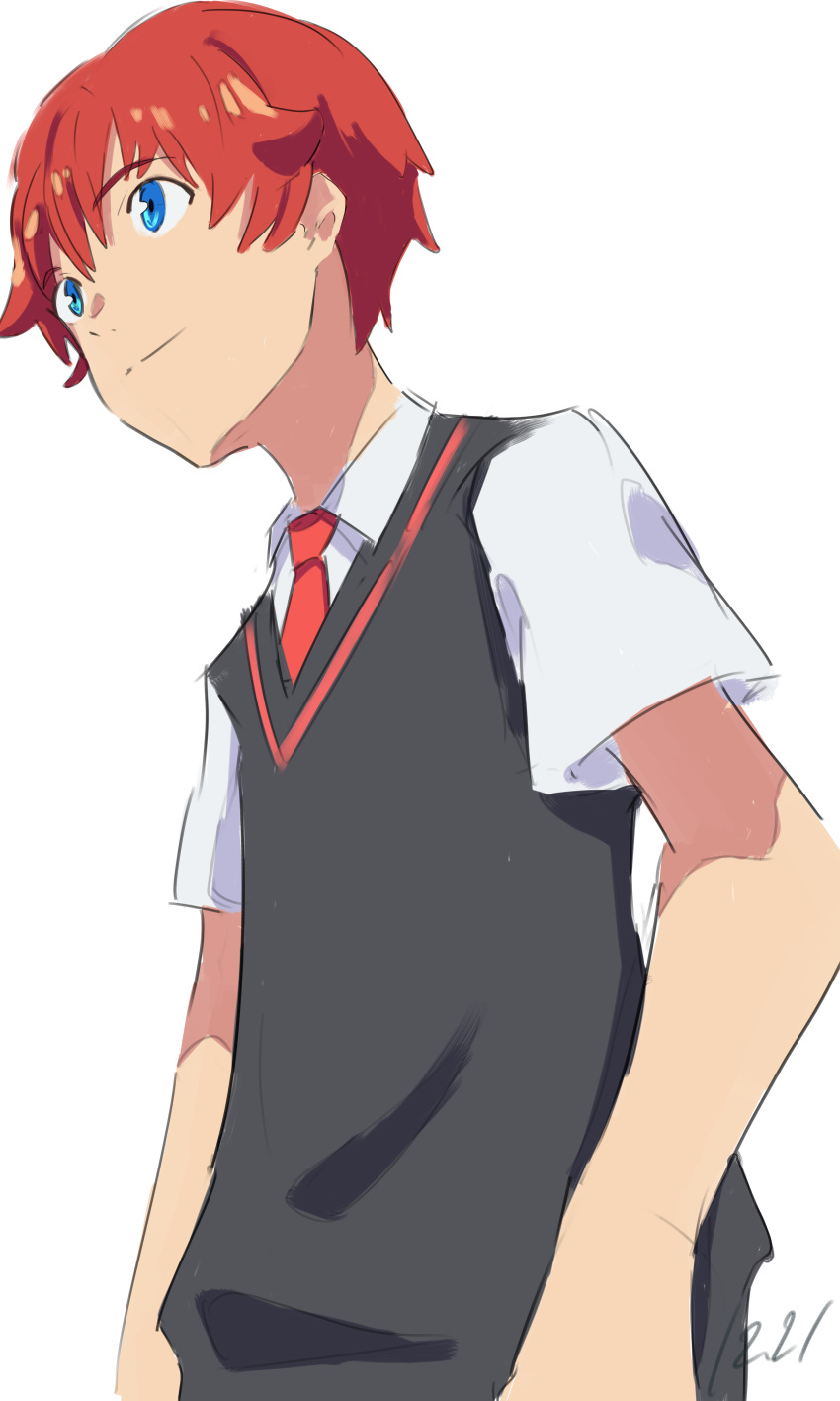 1boy bangs blue_eyes collared_shirt hanagata_illust hibiki_yuuta male_focus narashikatanai necktie red_hair red_neckwear school_uniform shirt short_hair short_sleeves solo ssss.gridman waistcoat white_shirt wing_collar