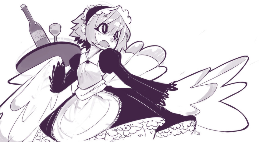 apron bottle cup dress drinking_glass feathered_wings feathers flat_chest frilled_dress frills harpy maid maid_headdress monochrome monster_girl original puffy_sleeves sho-n-d solo tray wine_bottle wine_glass wings
