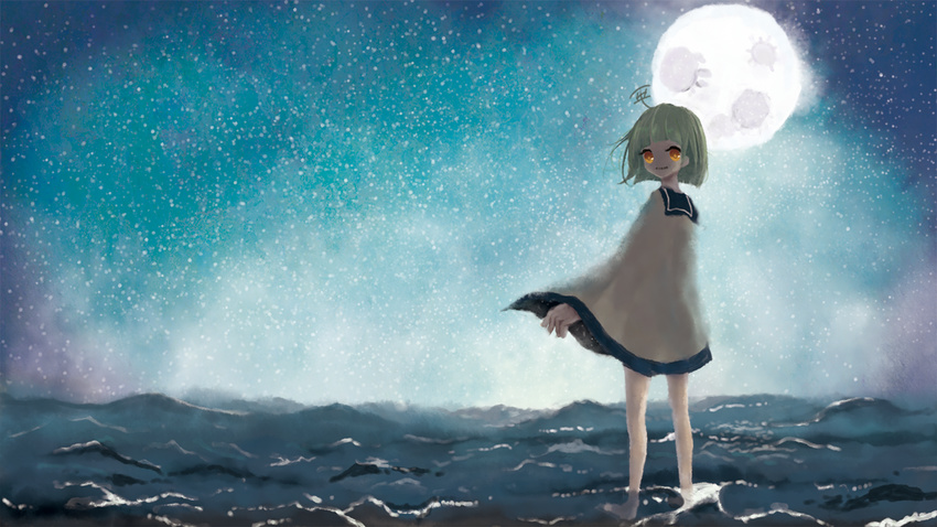 barefoot between_shizuki green_hair moon night oto_kakoi sky stars utau water yellow_eyes