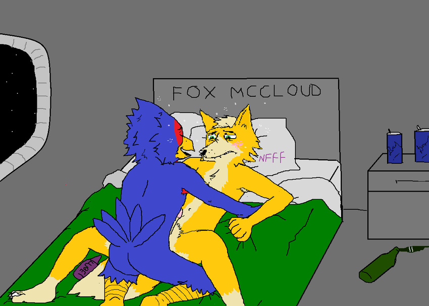 2013 alcohol anal avian balls beak bed beverage bird canine erection faclo_lombardi feathers fox_mccloud fur gay invalid_tag lube male nintendo penis pubs room space spread_legs spreading star_fox the_crappy_paint_job the_crappy_paint_job(artist) unsure video_games