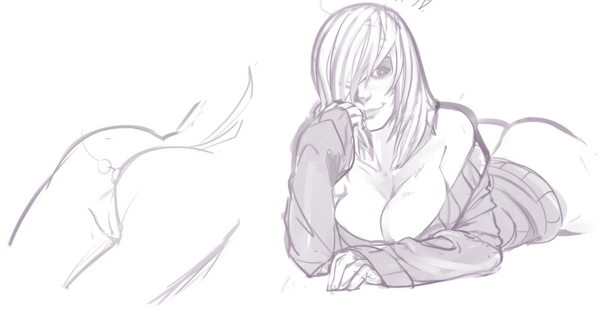 anal_beads ass bottomless breasts cleavage hair_over_one_eye large_breasts long_hair lying monochrome naked_sweater off_shoulder on_stomach original pussy sho-n-d sketch smile solo sweater