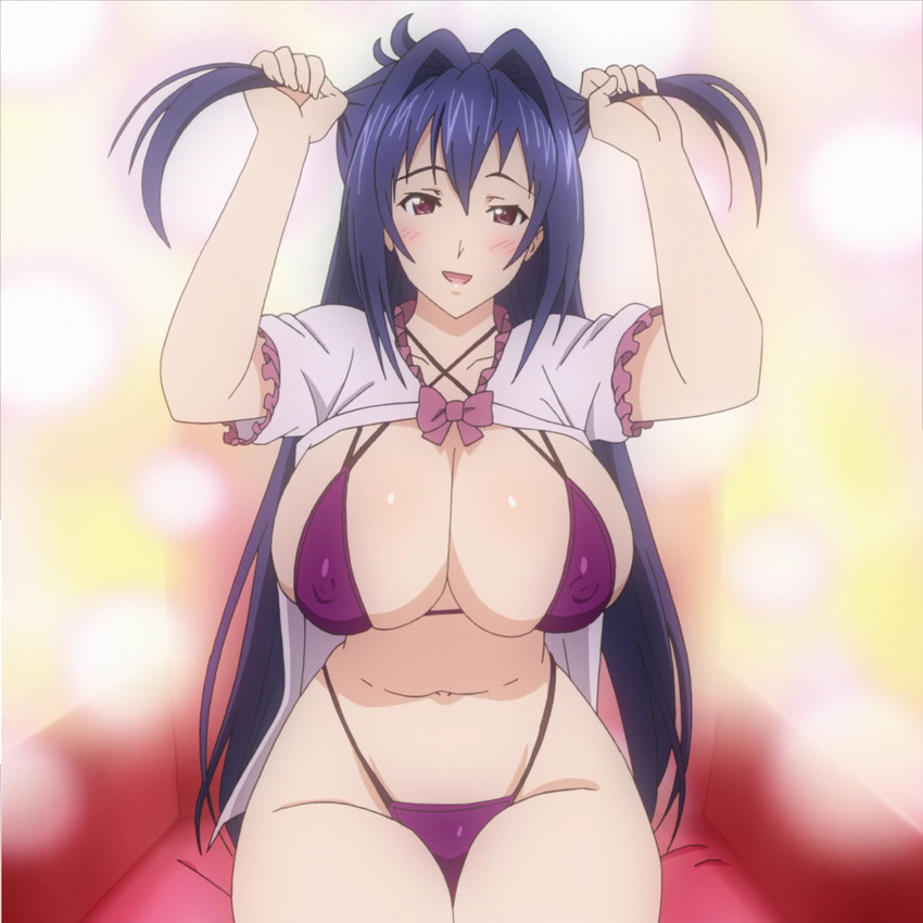 1girl bikini blue_hair blush breasts dakimakura huge_breasts large_breasts long_hair lowres maken-ki! nijou_aki one-piece_swimsuit purple_eyes solo swimsuit takami_akio very_long_hair