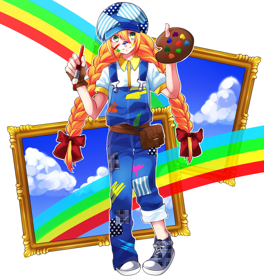 art_brush bad_id bad_pixiv_id blonde_hair braid dirty frame green_eyes hadu98 hat highres long_hair original overalls paint paint_on_face paint_splatter paintbrush palette rainbow shoes smile sneakers solo twin_braids