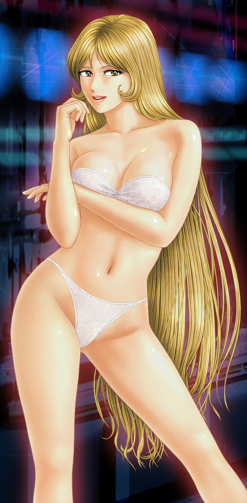 blonde_hair bra ginga_tetsudou_999 gold_eyes lingerie long_hair long_legs maetel panties strapless_bra toten_(artist) underwear white_bra white_panties yellow_eyes